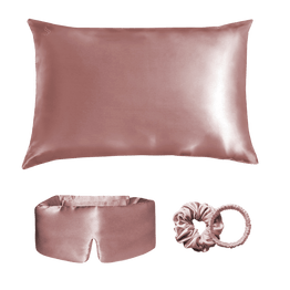 Pink silk deep sleep mask, silk pillowcase and silk scrunchie