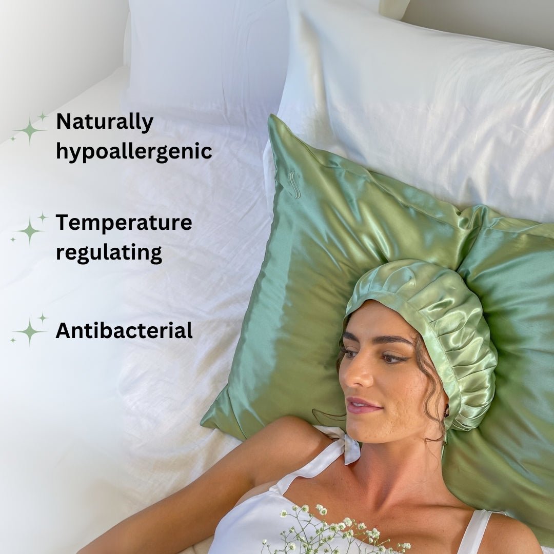 Green silk bonnet and silk pillowcase 